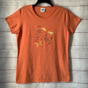 PFI Fashions, Inc. Orange Embroidered Dragonfly Floral Short Sleeve Shirt Size L